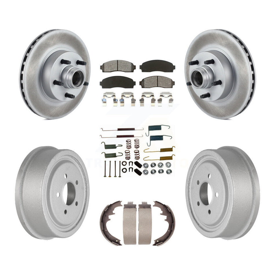 Front Rear Coated Disc Brake Rotors Hub Assembly Semi-Metallic Pads And Drum Kit (7Pc) For 2006-2009 Ford Ranger RWD With 10" Diameter KGS-101559