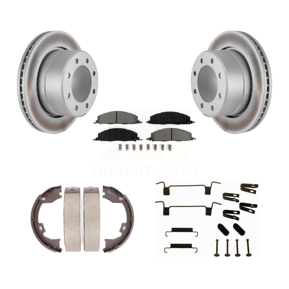 Rear Disc Coated Rotors Semi-Metallic Pads Parking Shoes & Hardware Kit For Ram 3500 2500 KGS-103318