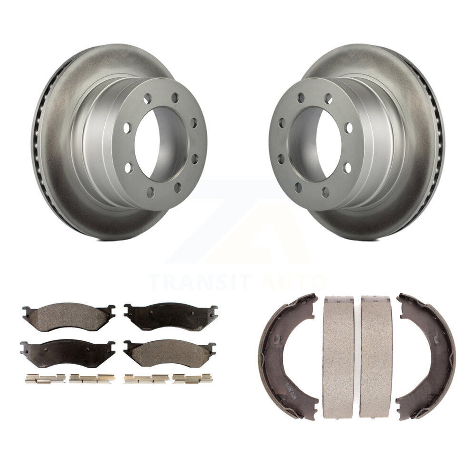 Rear Disc Coated Rotors Ceramic Pads Parking Shoes Kit For 2003-2005 Dodge Ram 2500 3500 KGT-103922