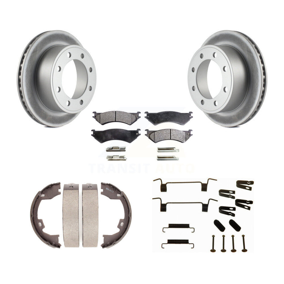 Rear Disc Coated Rotors Ceramic Pads Parking Shoes Hardware Kit For Ford E-350 Super Duty KGT-104126