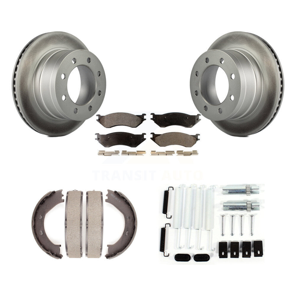 Rear Disc Coated Rotors Ceramic Pads Parking Brake Shoes Hardware Kit For Dodge Ram 1500 KGT-104258