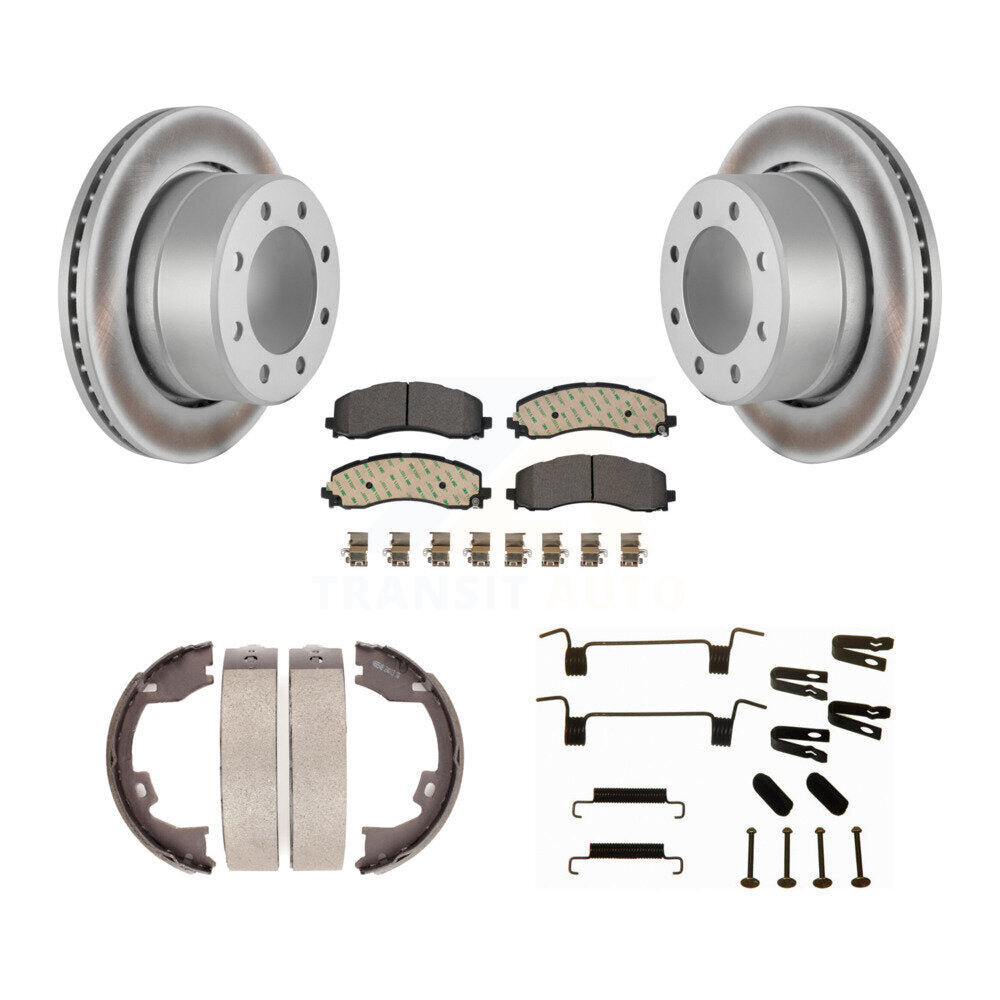 Rear Disc Coated Rotors Ceramic Pads Parking Shoes & Hardware Kit For 2019-2023 Ram 2500 KGT-104544