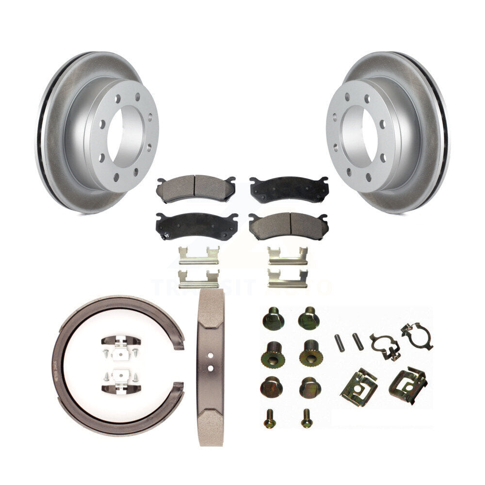Rear Disc Coated Rotors Ceramic Pads Parking Brake Shoes Hardware Kit For GMC Sierra 2500 KGT-104568
