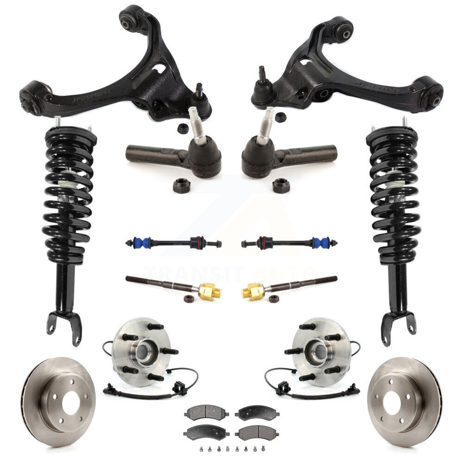 Front Disc Rotors Brake Pads Bearings Arms Shock Assembly Suspension Kit (15Pc) For Dodge Dakota Mitsubishi Raider Excludes Rear Wheel Drive TRX Lift Kits 4WD with 4-Wheel ABS KM-100083