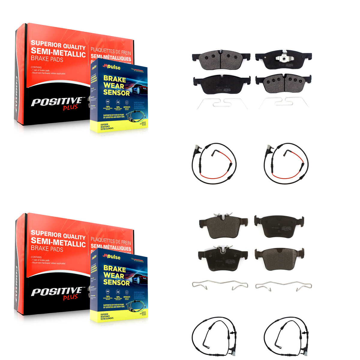 Front Rear Semi-Metallic Disc Brake Pads And Wear Sensors Kit For Jaguar XE KPW-100259