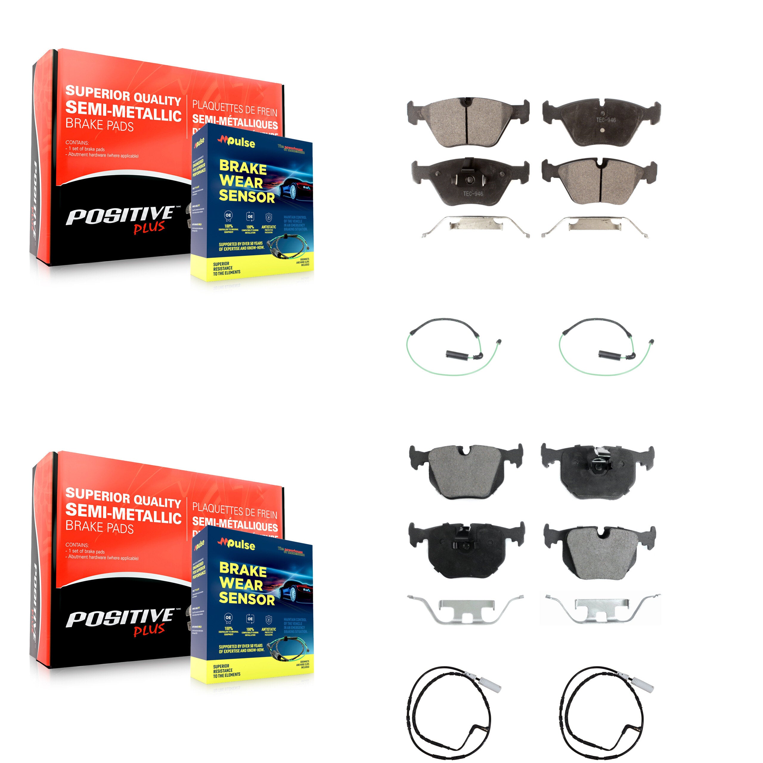 Front Rear Semi-Metallic Disc Brake Pads And Wear Sensors Kit For 2005 BMW 330xi 3.0L KPW-100272