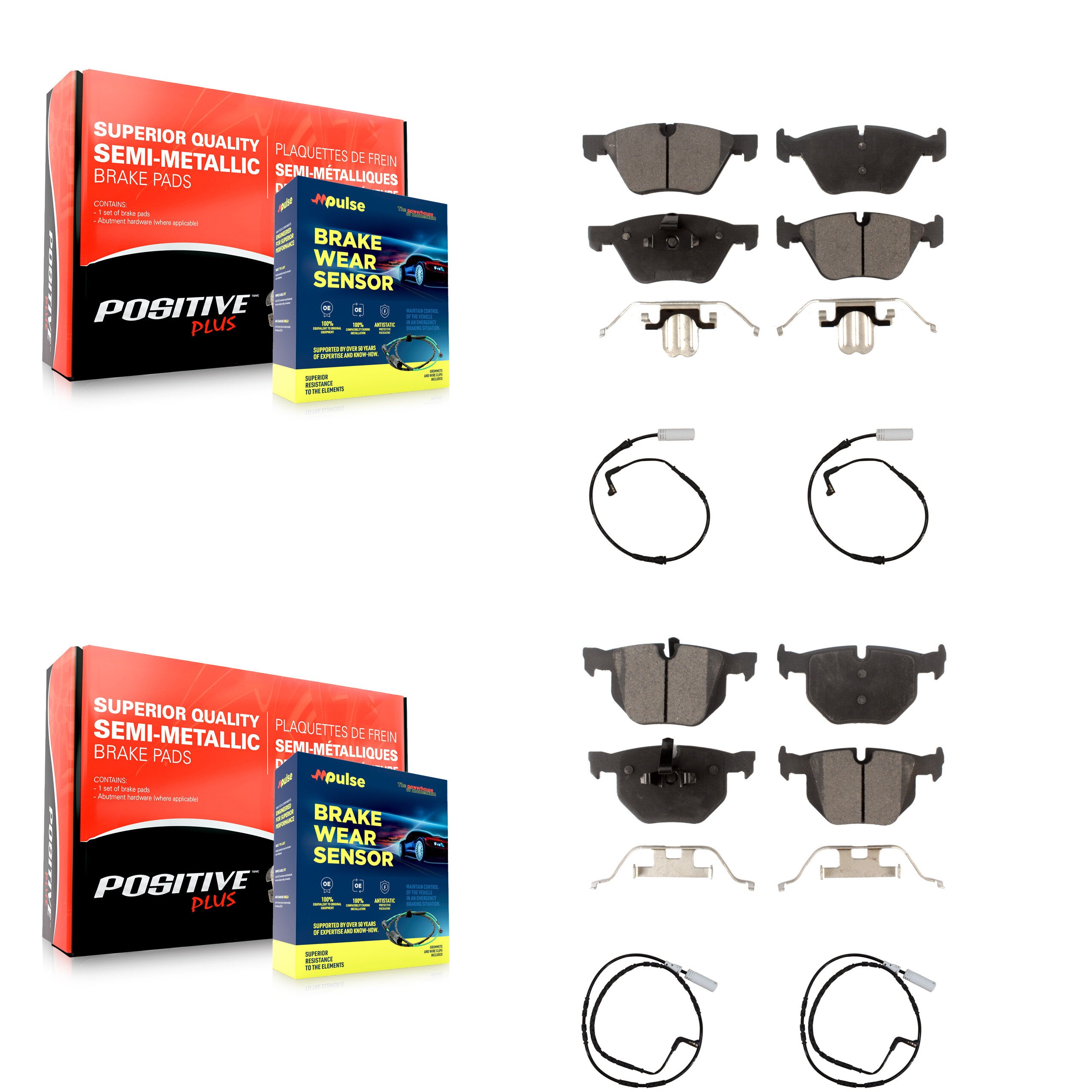 Front Rear Semi-Metallic Disc Brake Pads And Wear Sensors Kit For 2006 BMW 330i KPW-100273