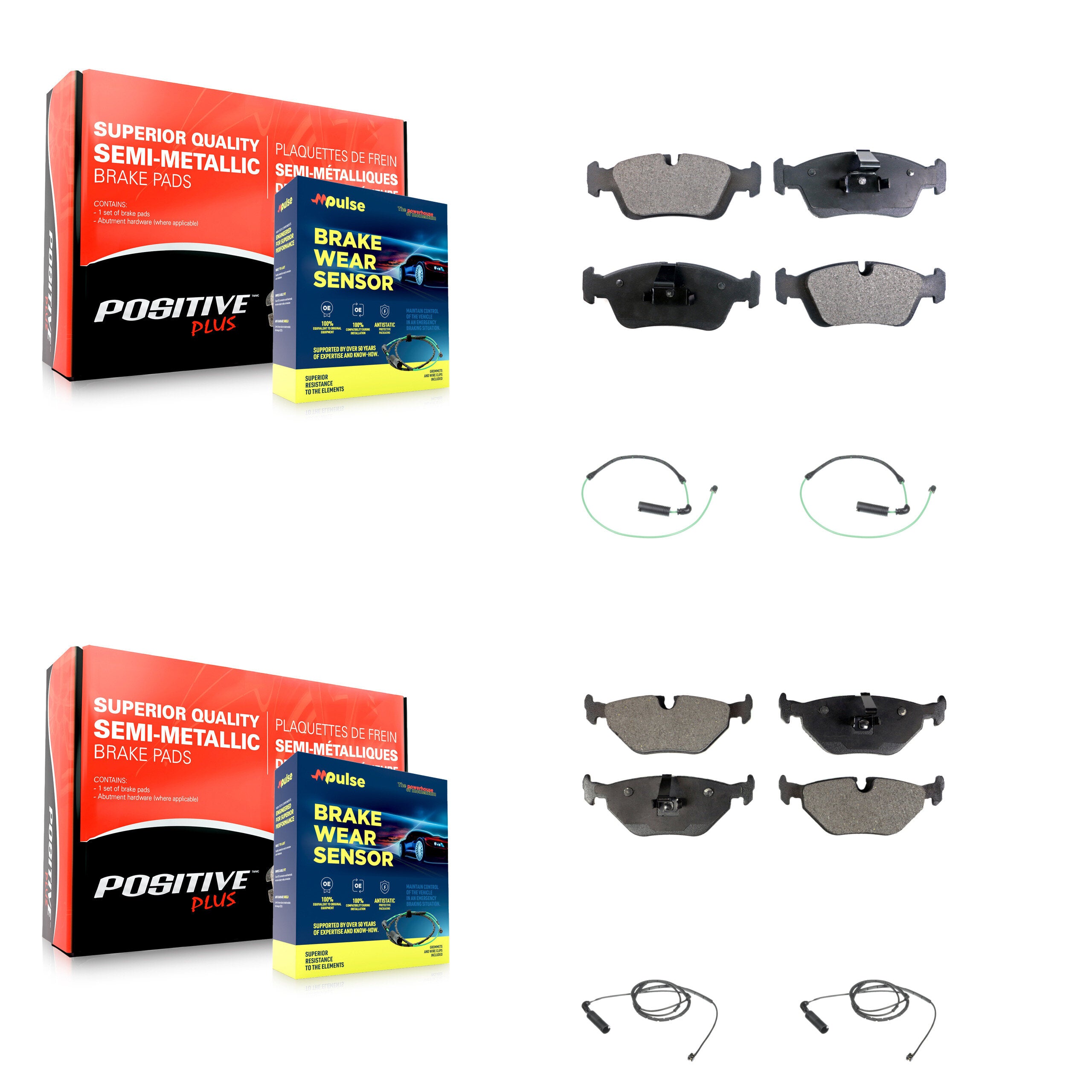 Front Rear Semi-Metallic Disc Brake Pads And Wear Sensor Kit For 2001-2005 BMW 325xi 2.5L KPW-100284