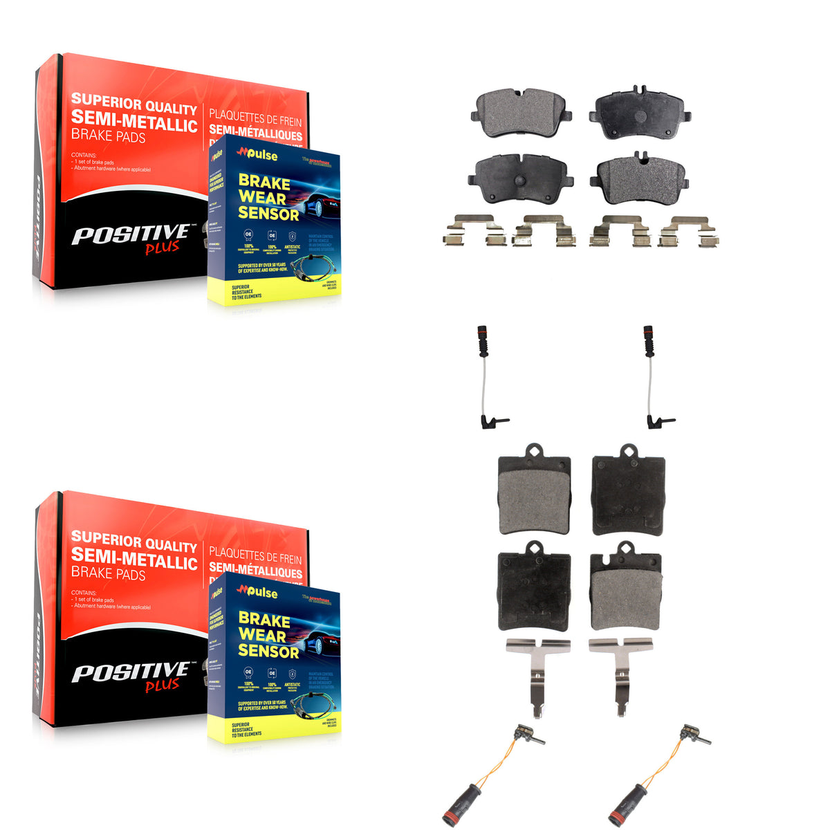 Front Rear Semi-Metallic Disc Brake Pads And Wear Sensors Kit For Mercedes-Benz CLK320 KPW-100368