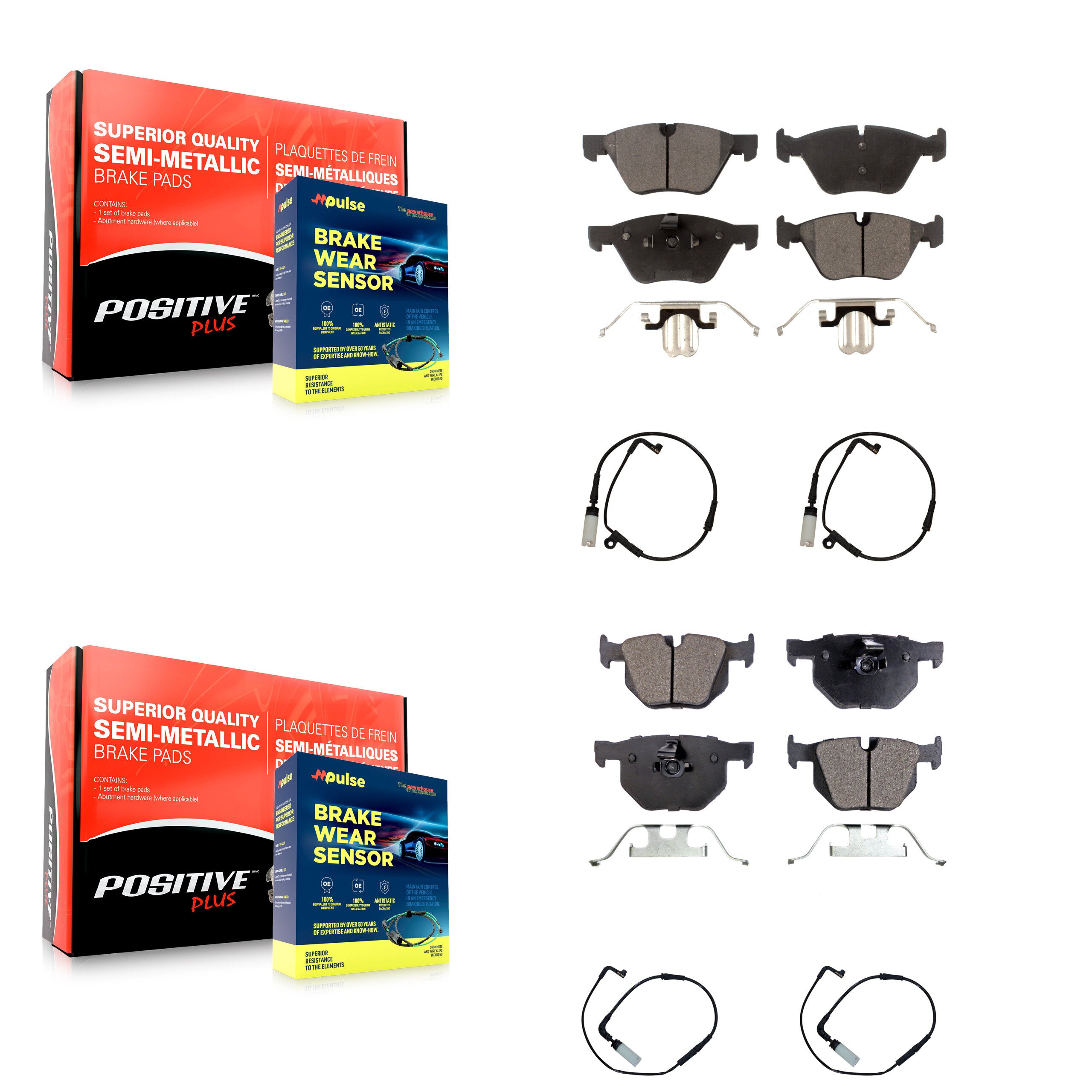 Front Rear Semi-Metallic Disc Brake Pads And Wear Sensors Kit For BMW 525i KPW-100430