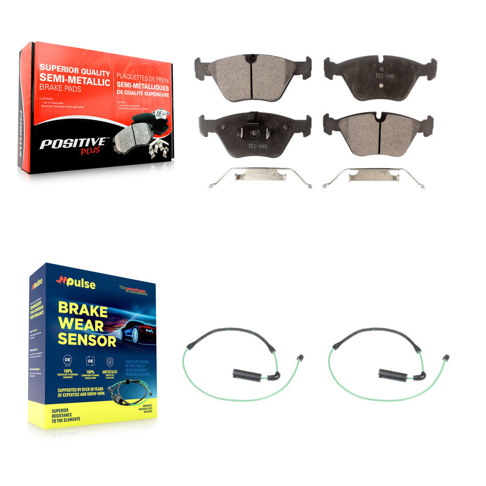Front Semi-Metallic Disc Brake Pads And Wear Sensors Kit For BMW 330Ci 330i 330xi M3 KPW-100954