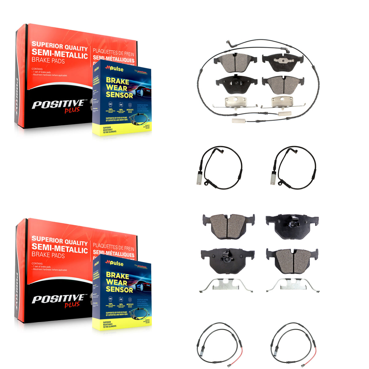 Front Rear Semi-Metallic Brake Pad & Extra Wear Sensor Kit For 09-10 BMW 528i xDrive 3.0L KPW-101523