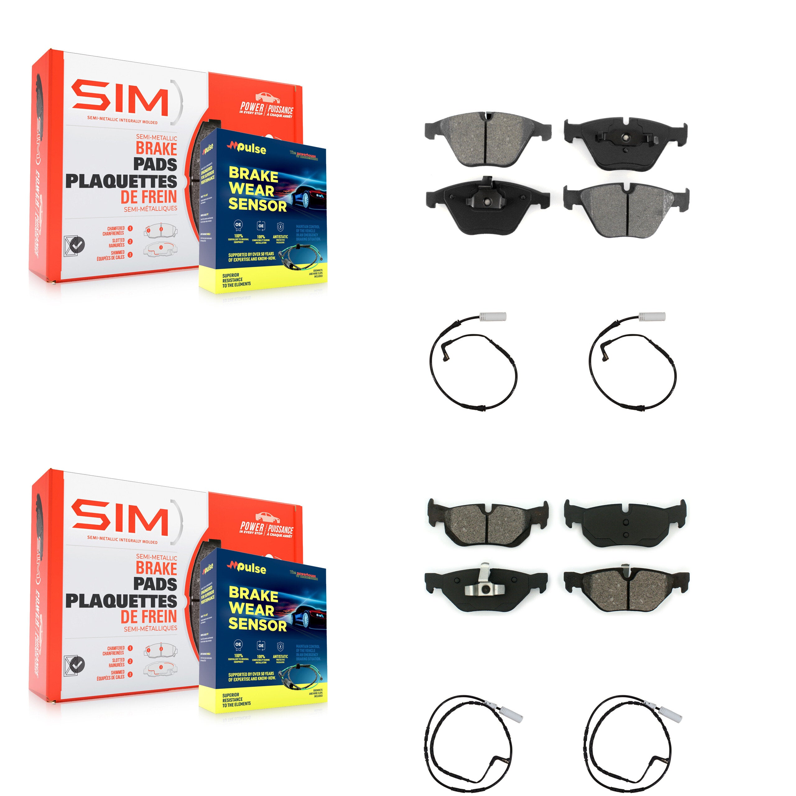 Front Rear Semi-Metallic Disc Brake Pads And Wear Sensors Kit For BMW 328i 323i KSW-100131