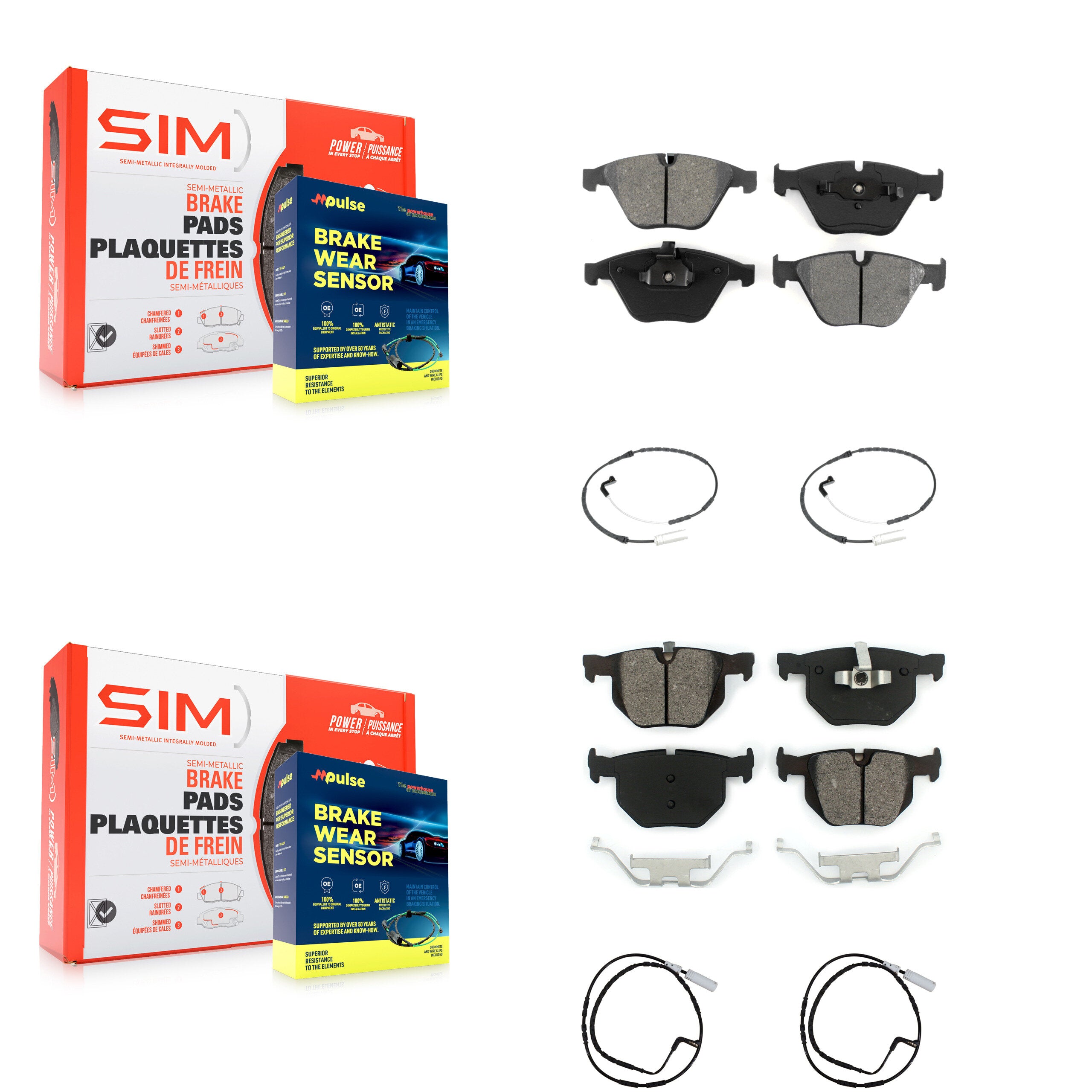 Front Rear Semi-Metallic Brake Pad And Wear Sensor Kit For 2009-2010 BMW 335i xDrive 3.0L KSW-100134