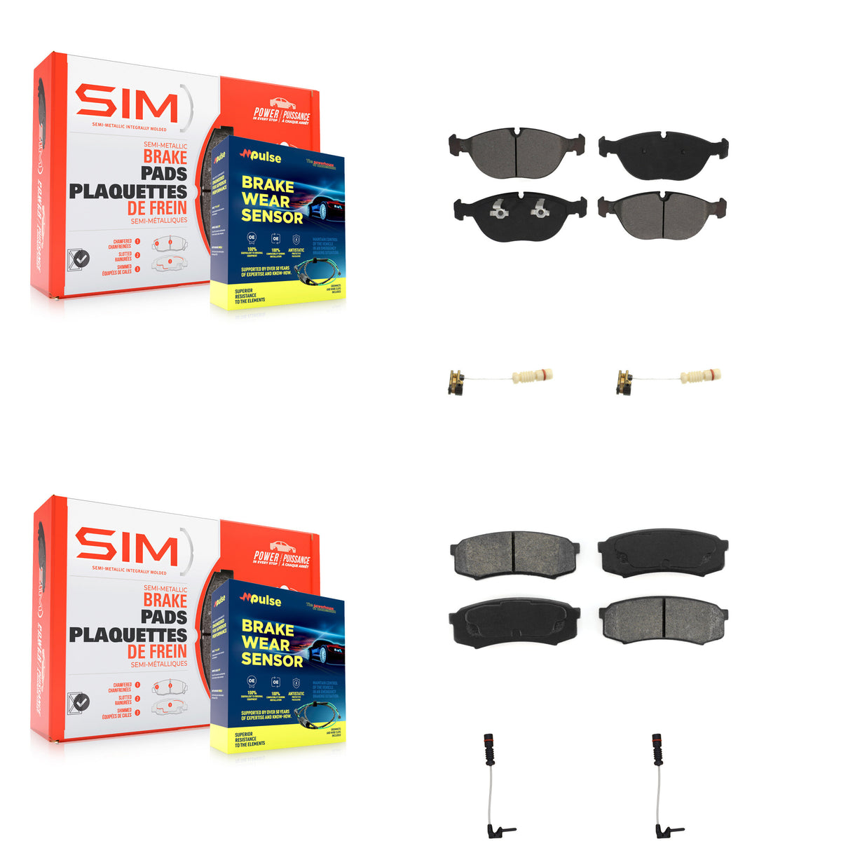 Front Rear Semi-Metallic Brake Pads & Wear Sensor Kit For 2000 Mercedes-Benz C43 AMG 4.3L KSW-100146