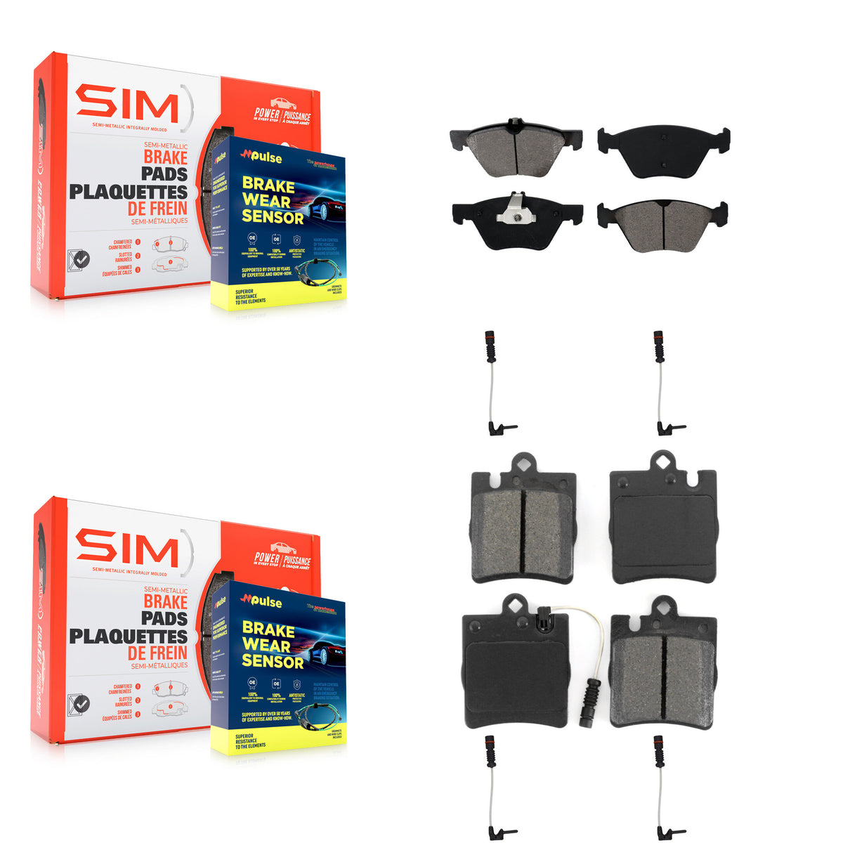 Front Rear Semi-Metallic Brake Pads & Extra Wear Sensor Kit For Mercedes-Benz E320 CLK320 KSW-100147
