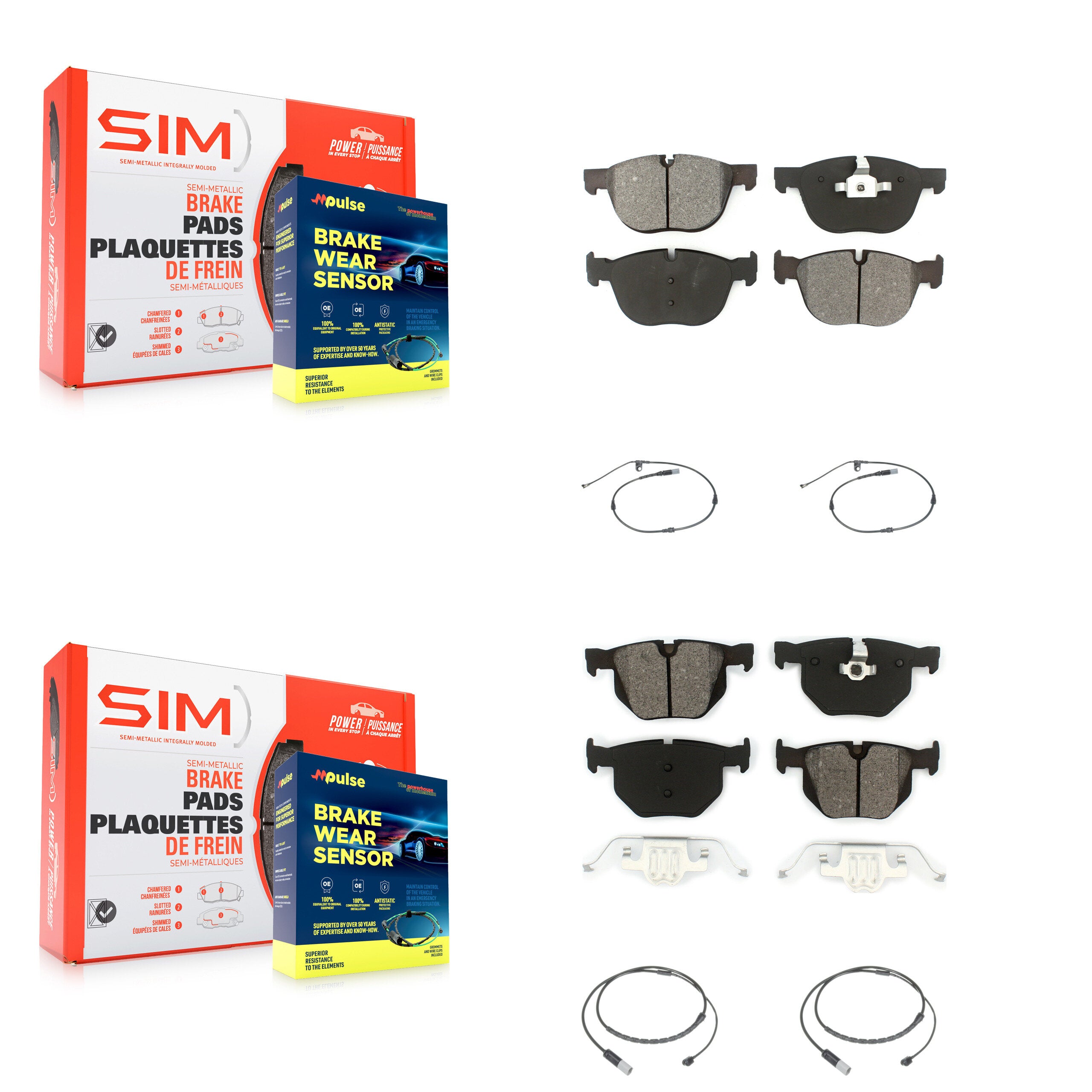 Front Rear Semi-Metallic Brake Pad & Wear Sensor Kit For 15-16 BMW X5 xDrive35d with 3.0L KSW-100877