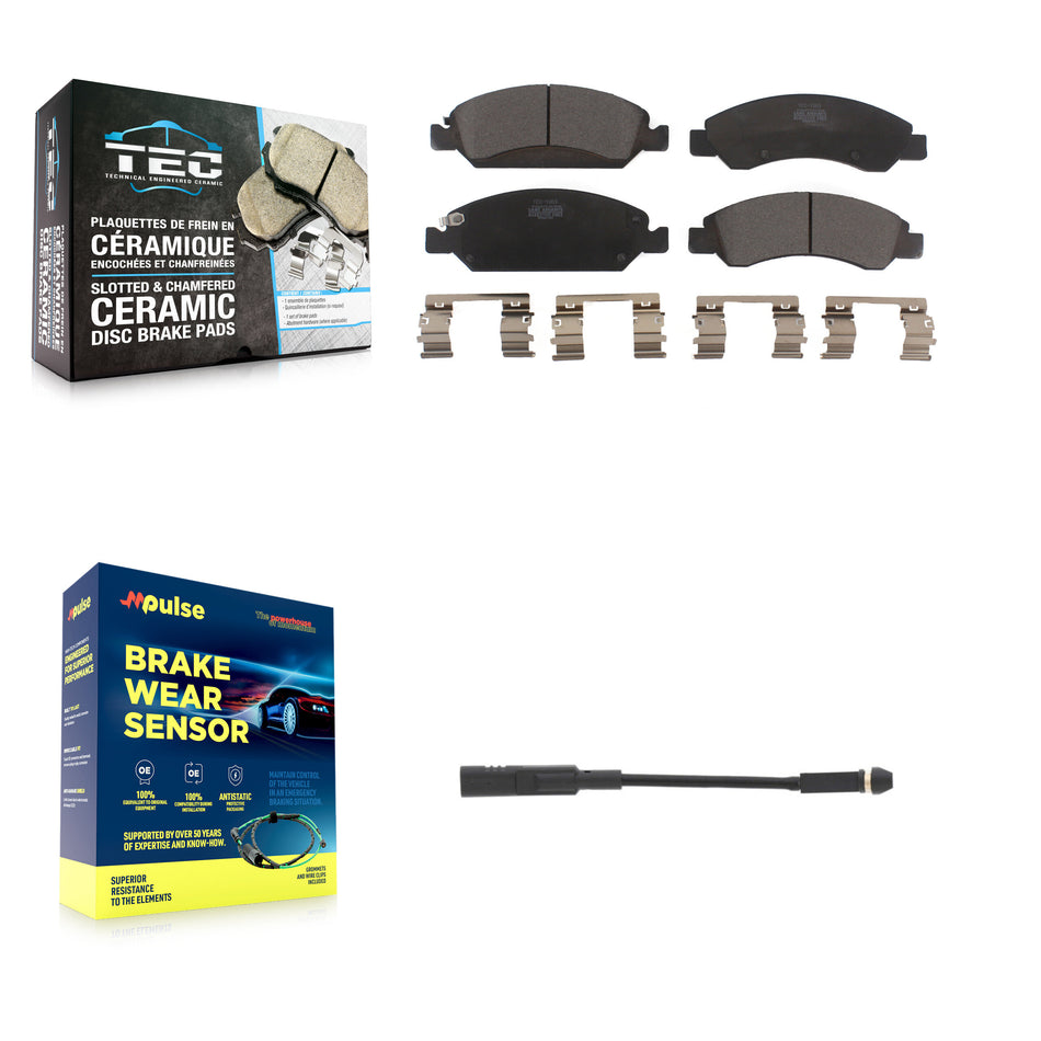 Front Ceramic Brake Pads Wear Sensor Kit For GMC Chevrolet Silverado 1500 LD Sierra Yukon KTW-100091