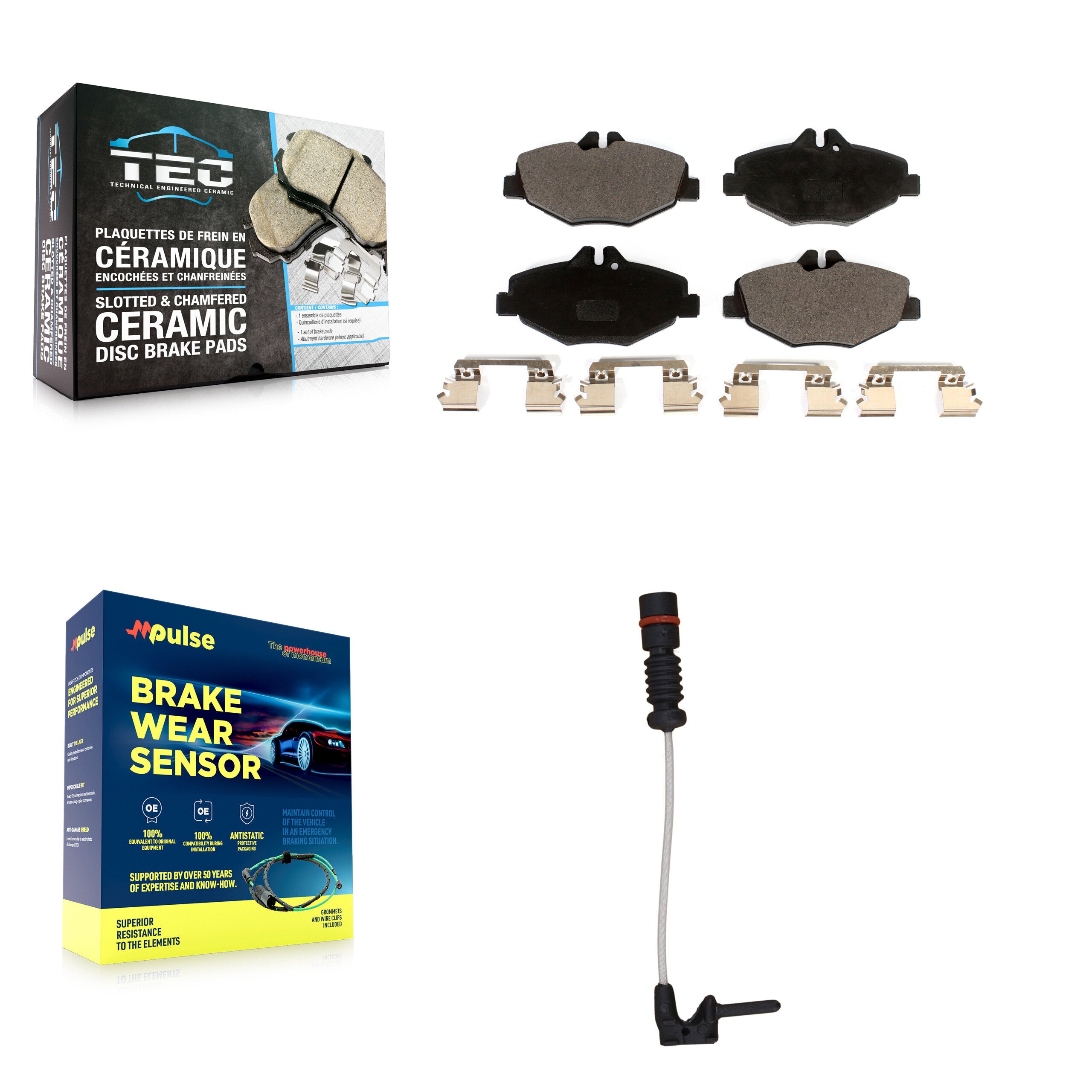 Front Ceramic Disc Brake Pads Wear Sensor Kit For 2003 Mercedes-Benz E320 Sedan with 3.2L KTW-100092