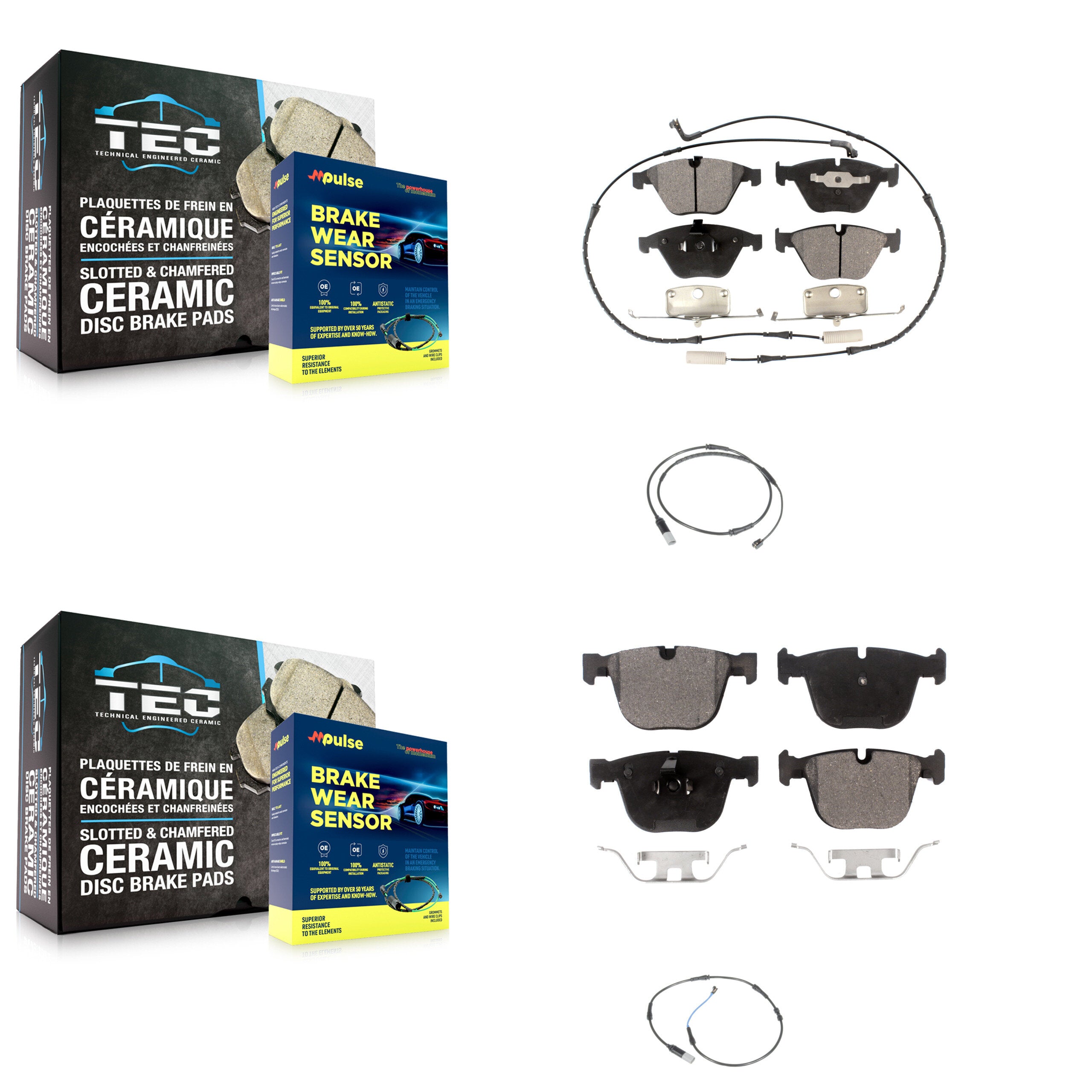 Front Rear Ceramic Disc Brake Pads Extra Wear Sensor Kit For 2010 BMW 535i Base with 3.0L KTW-100340
