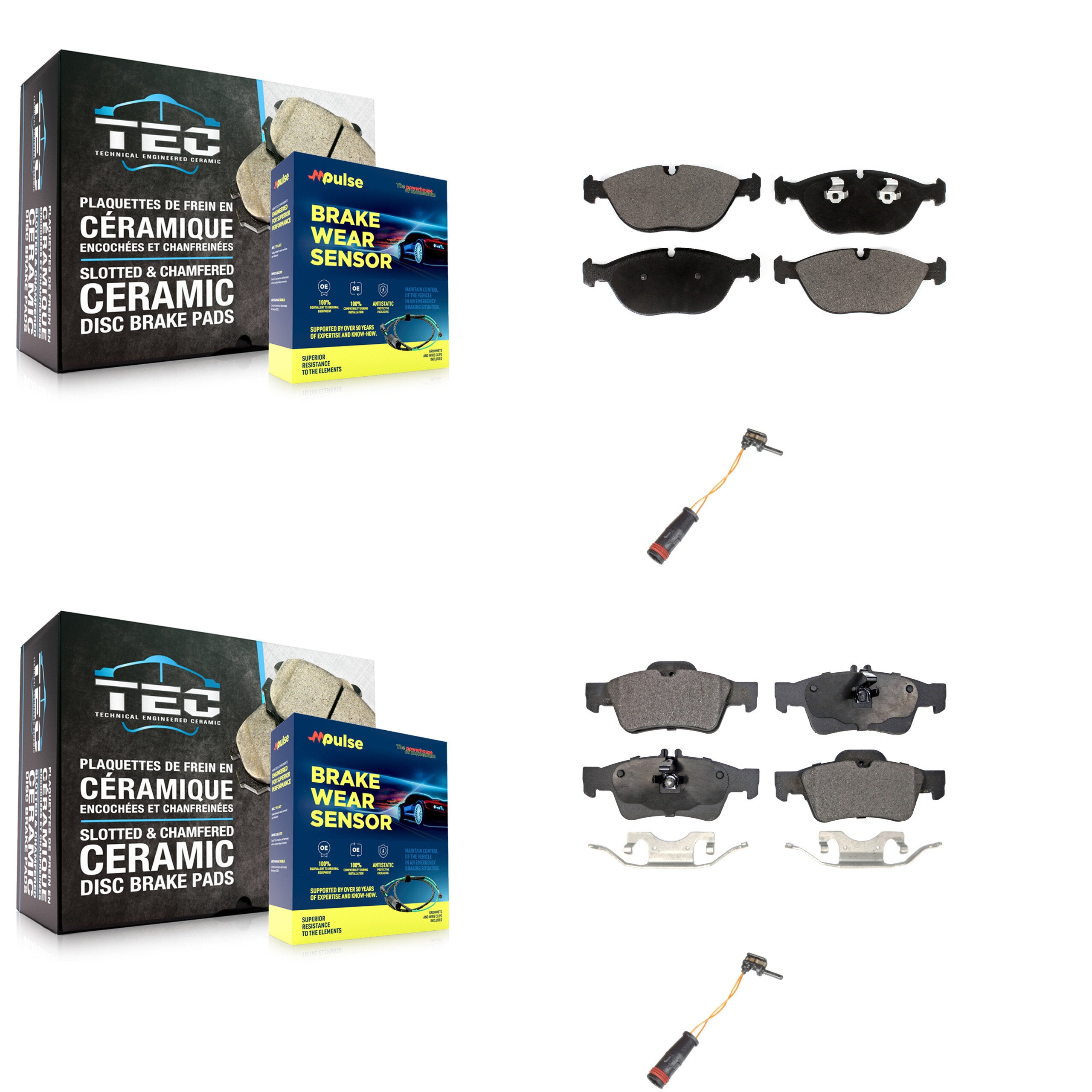 Front Rear Ceramic Disc Brake Pads And Wear Sensors Kit For 2006 Mercedes-Benz E350 AWD KTW-100447