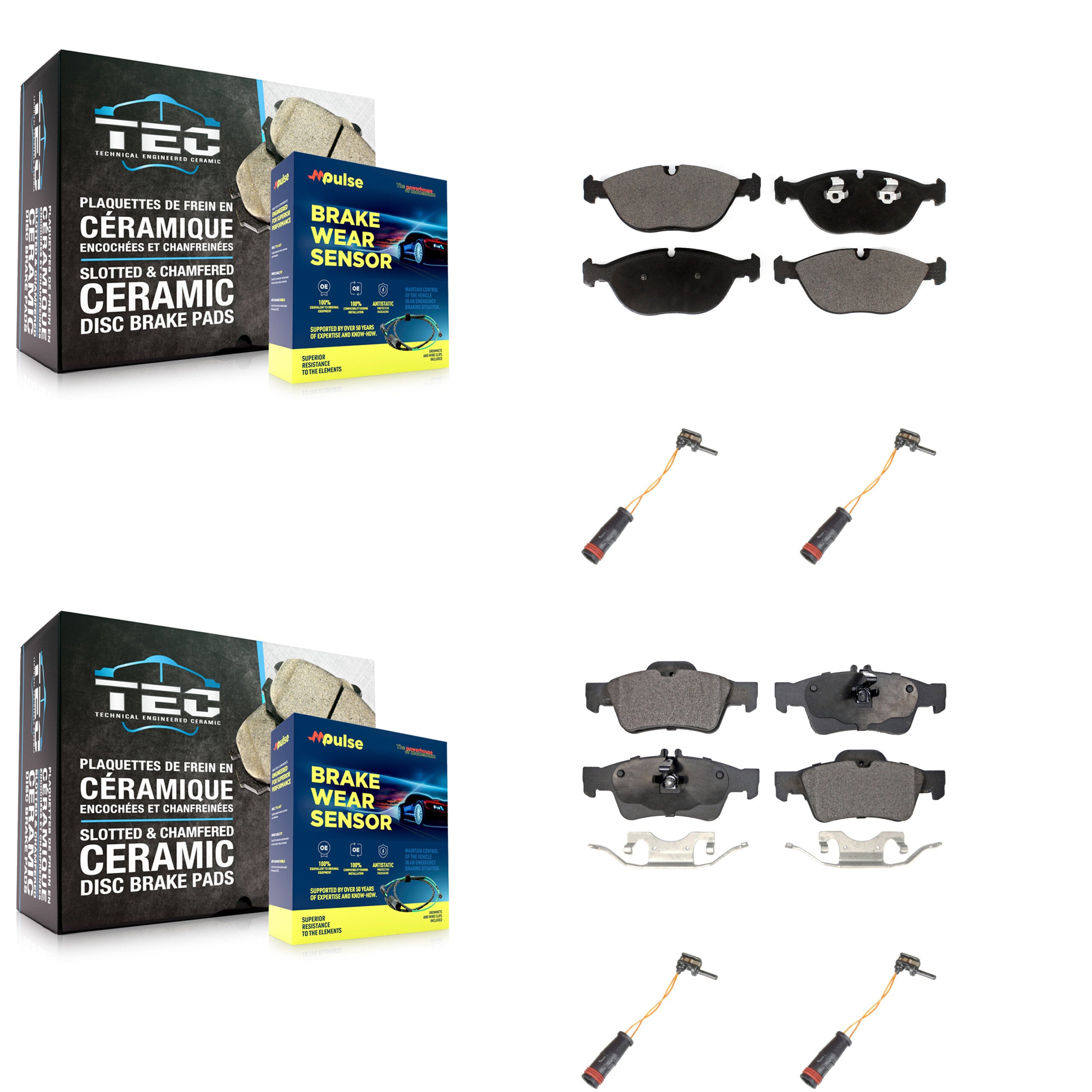 Front Rear Ceramic Disc Brake Pads And Wear Sensors Kit For 2006 Mercedes-Benz E350 AWD KTW-100623
