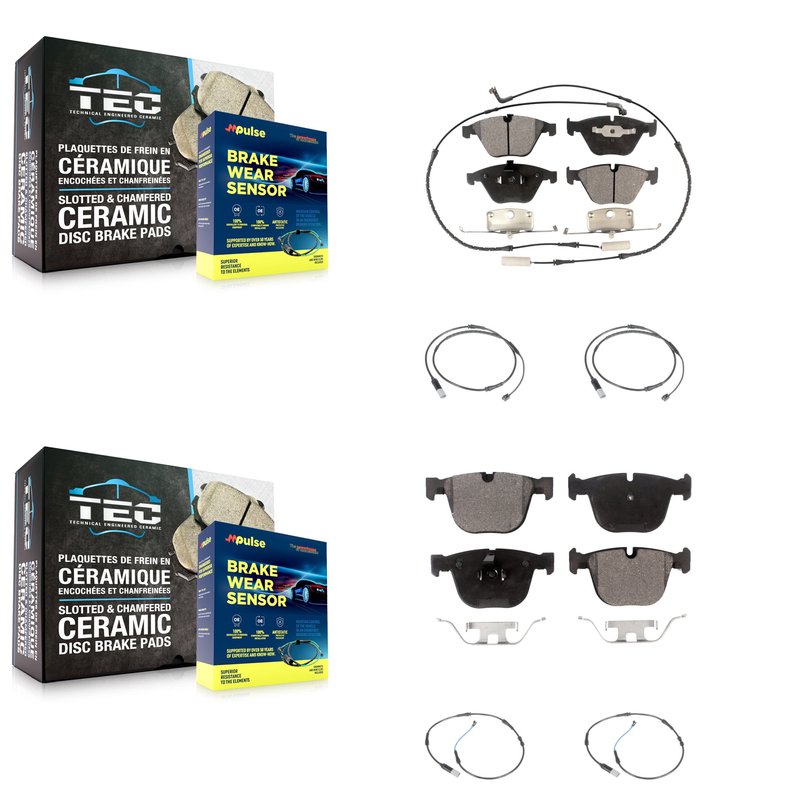 Front Rear Ceramic Disc Brake Pads Extra Wear Sensor Kit For 2010 BMW 535i Base with 3.0L KTW-100643