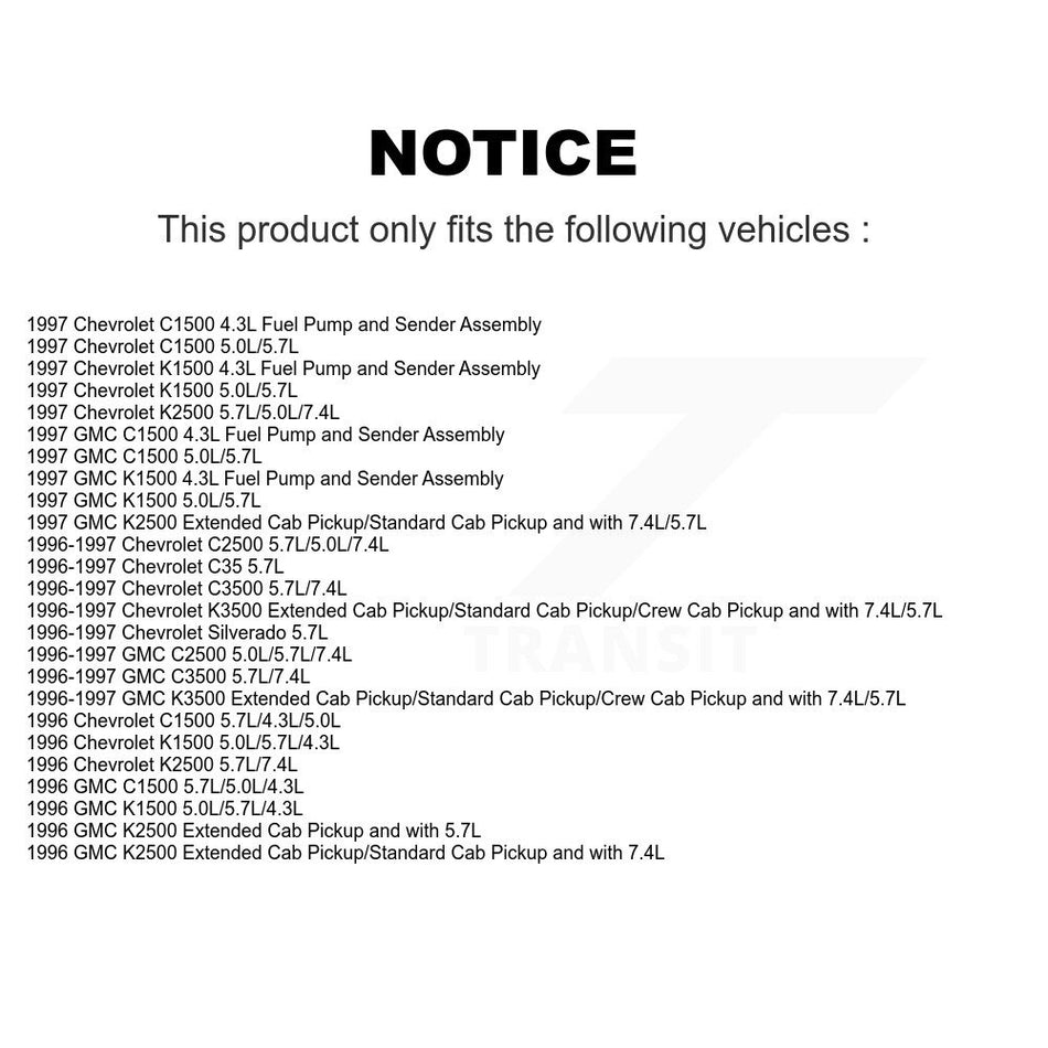 Fuel Pump Sender Assembly AGY-00310260 For Chevrolet GMC K1500 C1500 K2500 C2500 K3500 C3500 C35