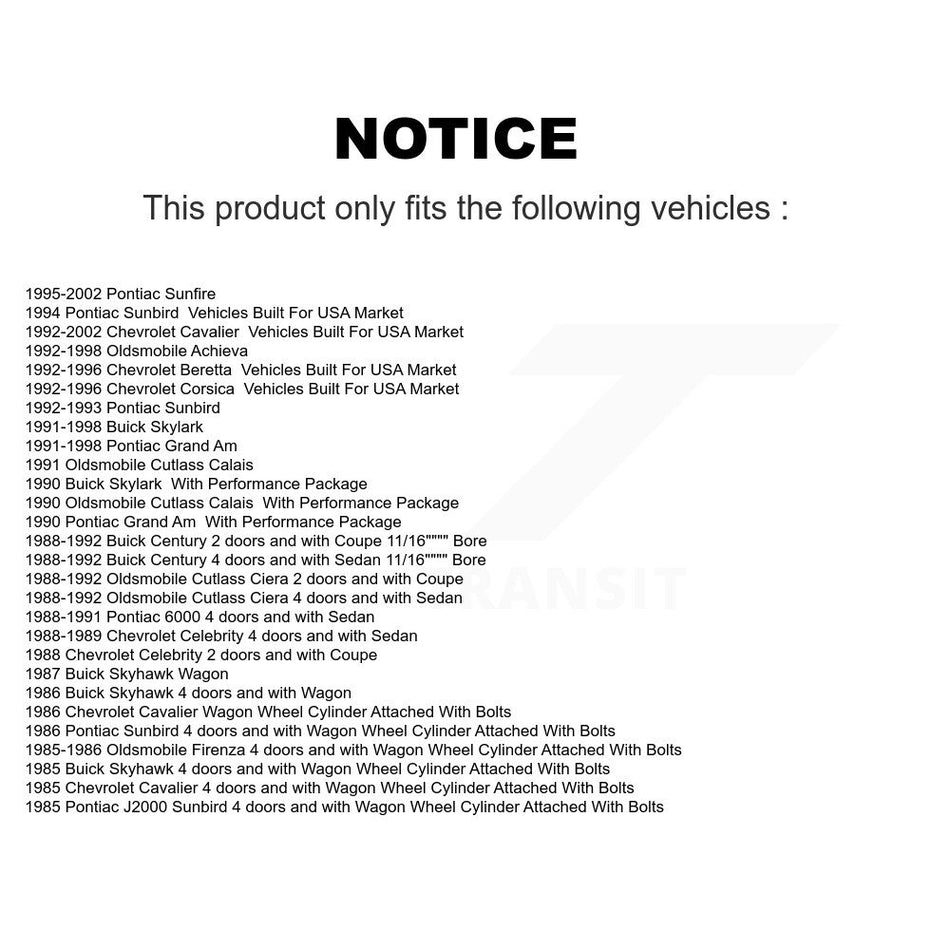 Rear Drum Brake Wheel Cylinder Pair For Chevrolet Cavalier Pontiac Sunfire Buick Grand Am Oldsmobile Cutlass Ciera Century Skylark Corsica Celebrity Achieva Beretta Sunbird 6000 Calais K14-100061