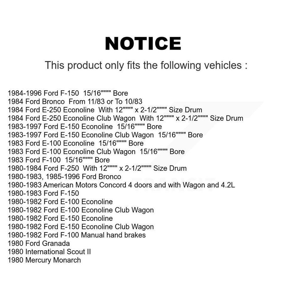 Rear Drum Brake Wheel Cylinder Kit For Ford F-150 Bronco E-150 Econoline F-250 F-100 Club Wagon American Motors Concord International Scout II E-100 Granada E-250 Mercury Monarch K14-100090