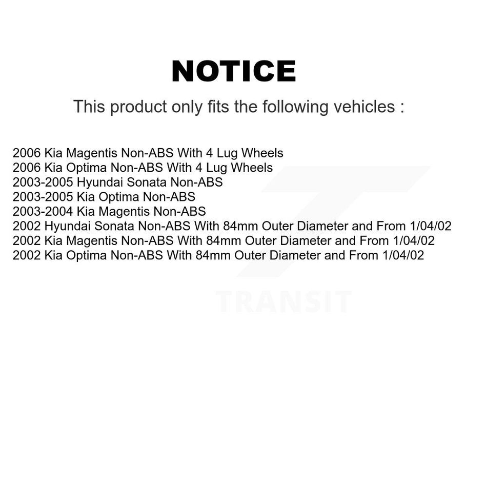 Front Rear Wheel Bearing And Hub Assembly Kit For Hyundai Sonata Kia Optima Magentis Non-ABS K70-101552