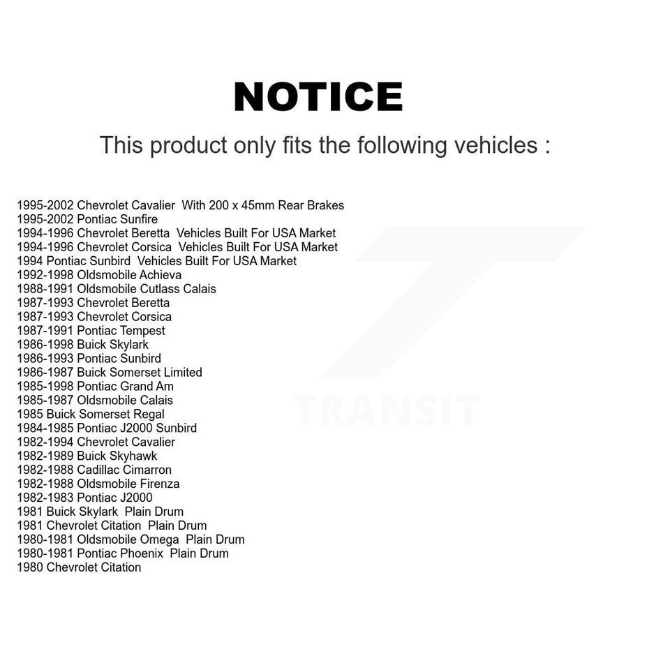 Rear Drums Pair For Chevrolet Cavalier Pontiac Sunfire Grand Am Corsica Buick Skylark Oldsmobile Beretta Sunbird Achieva Cutlass Calais Skyhawk Citation J2000 Firenza Cadillac Cimarron Omega K8-101937