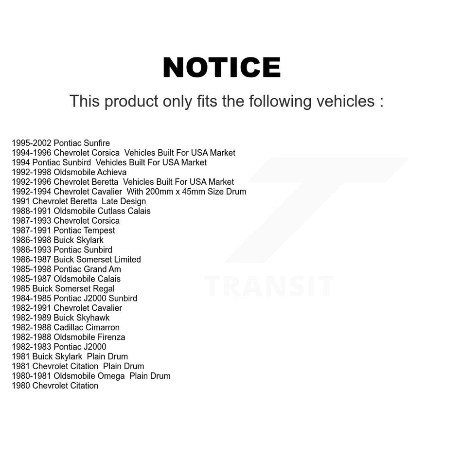 Rear Brake Drum Shoes Kit For Pontiac Chevrolet Sunfire Grand Am Cavalier Corsica Buick Skylark Oldsmobile Sunbird Achieva Beretta Cutlass Calais Skyhawk Somerset Firenza K8N-100065