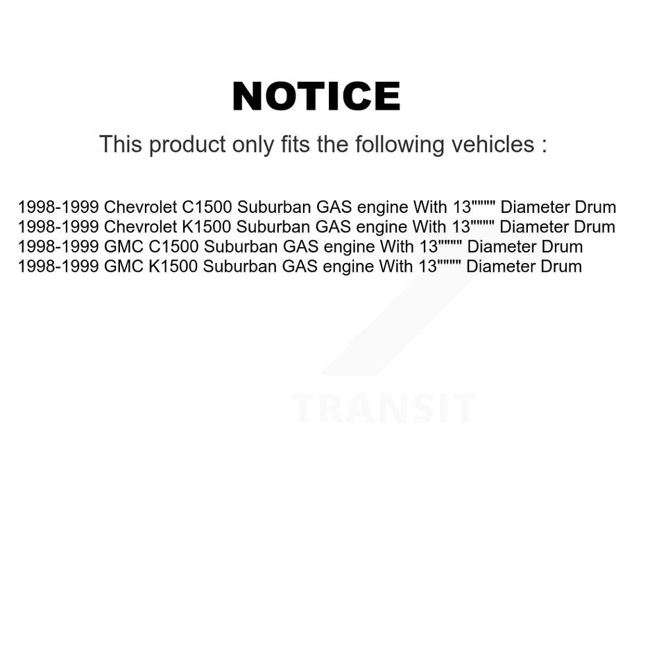 Rear Brake Drum Shoes And Spring Kit For 1998-1999 Chevrolet K1500 Suburban C1500 GMC With 13" Diameter GAS engine K8N-100528