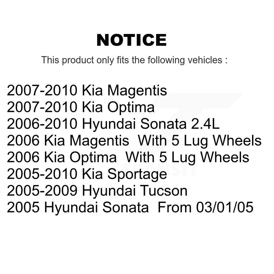 Front Wheel Bearing With Coated Disc Brake Rotors And Semi-Metallic Pads Kit For Hyundai Sonata Kia Sportage Tucson Optima Magentis KBB-101302