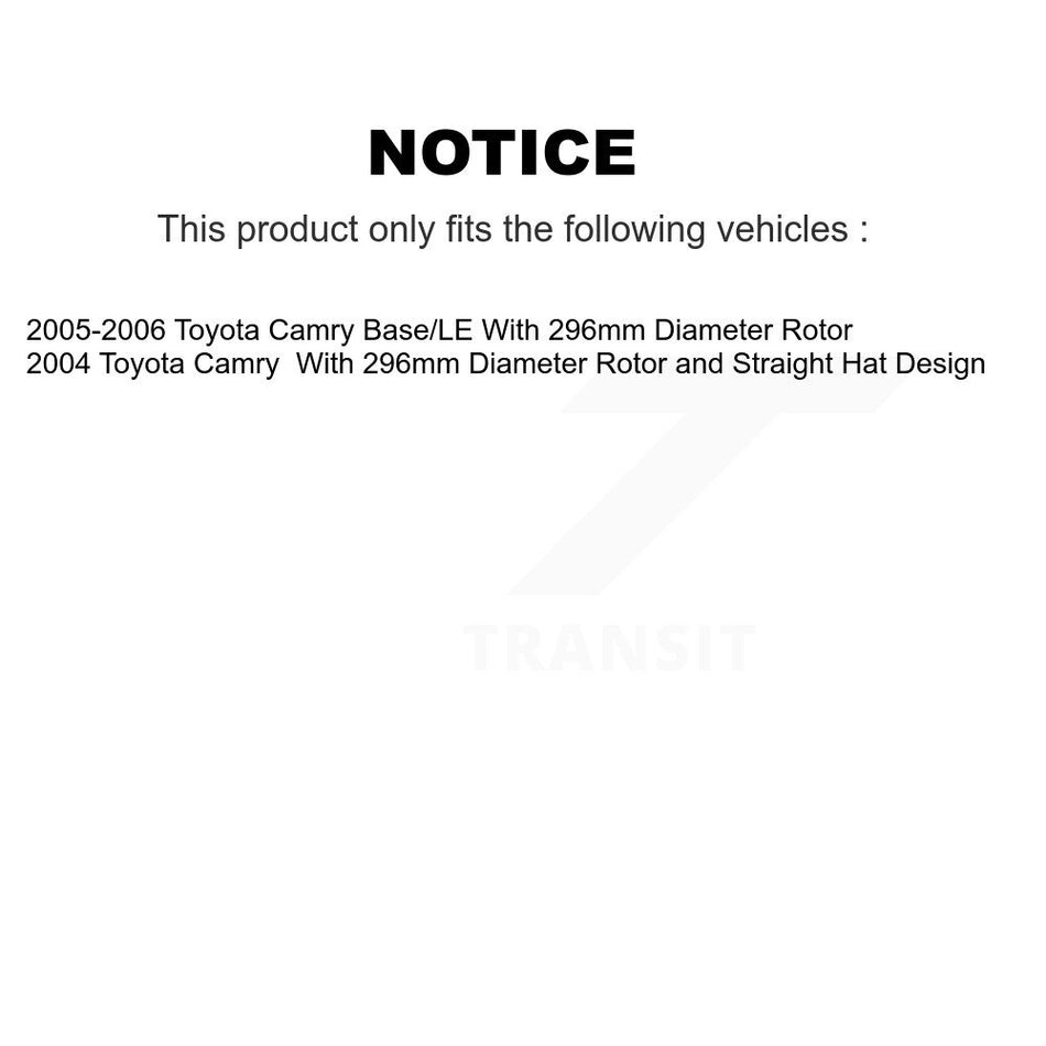 Front Wheel Bearing With Disc Brake Rotors And Semi-Metallic Pads Kit For 2004 Toyota Camry Straight Hat Design 296mm Diameter Rotor KBB-102642