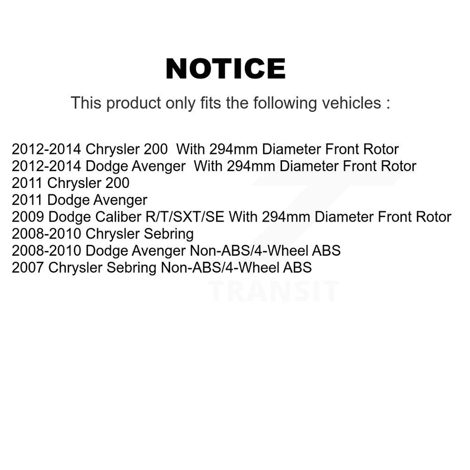 Front Hub Bearing Assembly With Coated Disc Brake Rotors And Semi-Metallic Pads Kit For Chrysler Dodge Avenger 200 Sebring Caliber KBB-104098
