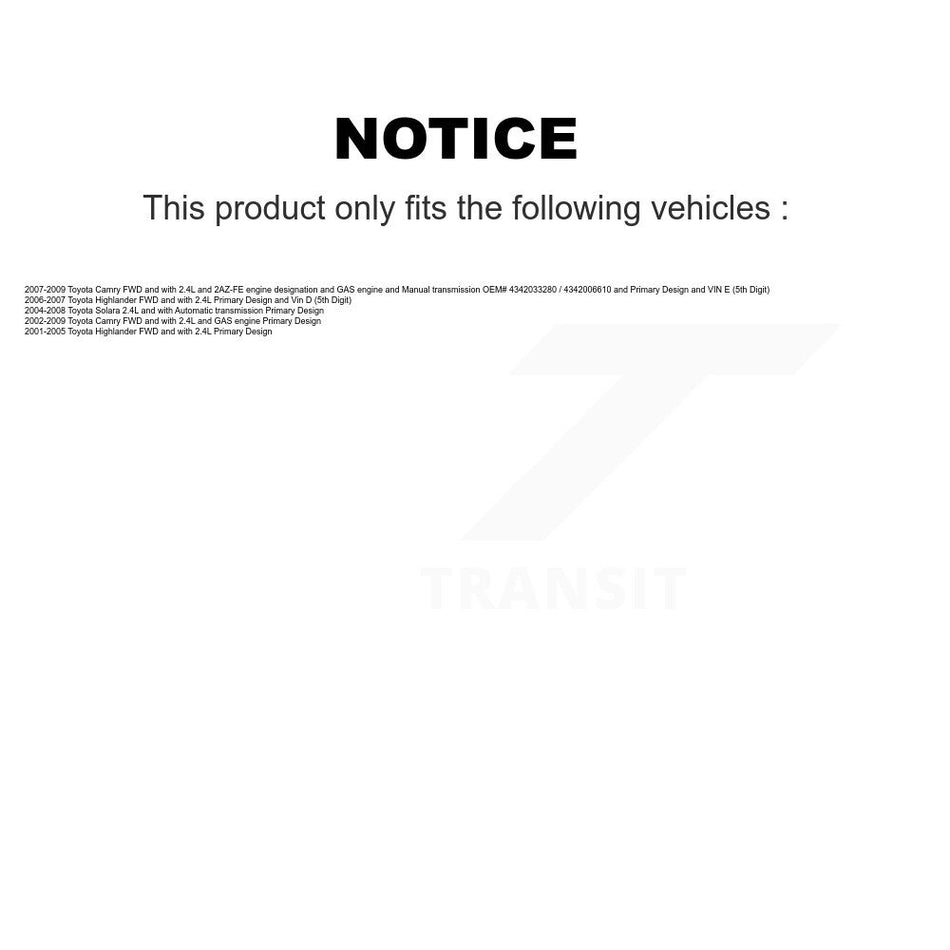 Front CV Axle Drive Shaft Complete Assembly Kit For Toyota Camry Highlander Solara KCV-100090