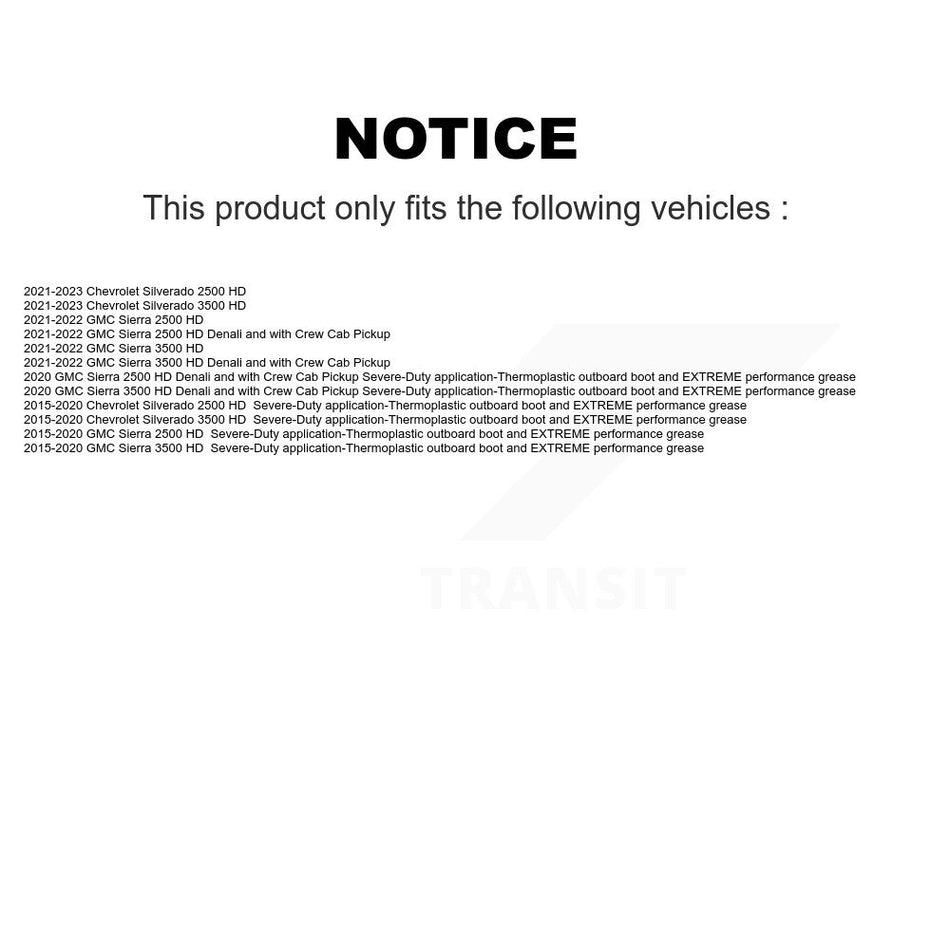 Front CV Axle Drive Shaft Assembly Kit For Chevrolet GMC Silverado 2500 HD Sierra 3500 KCV-100103