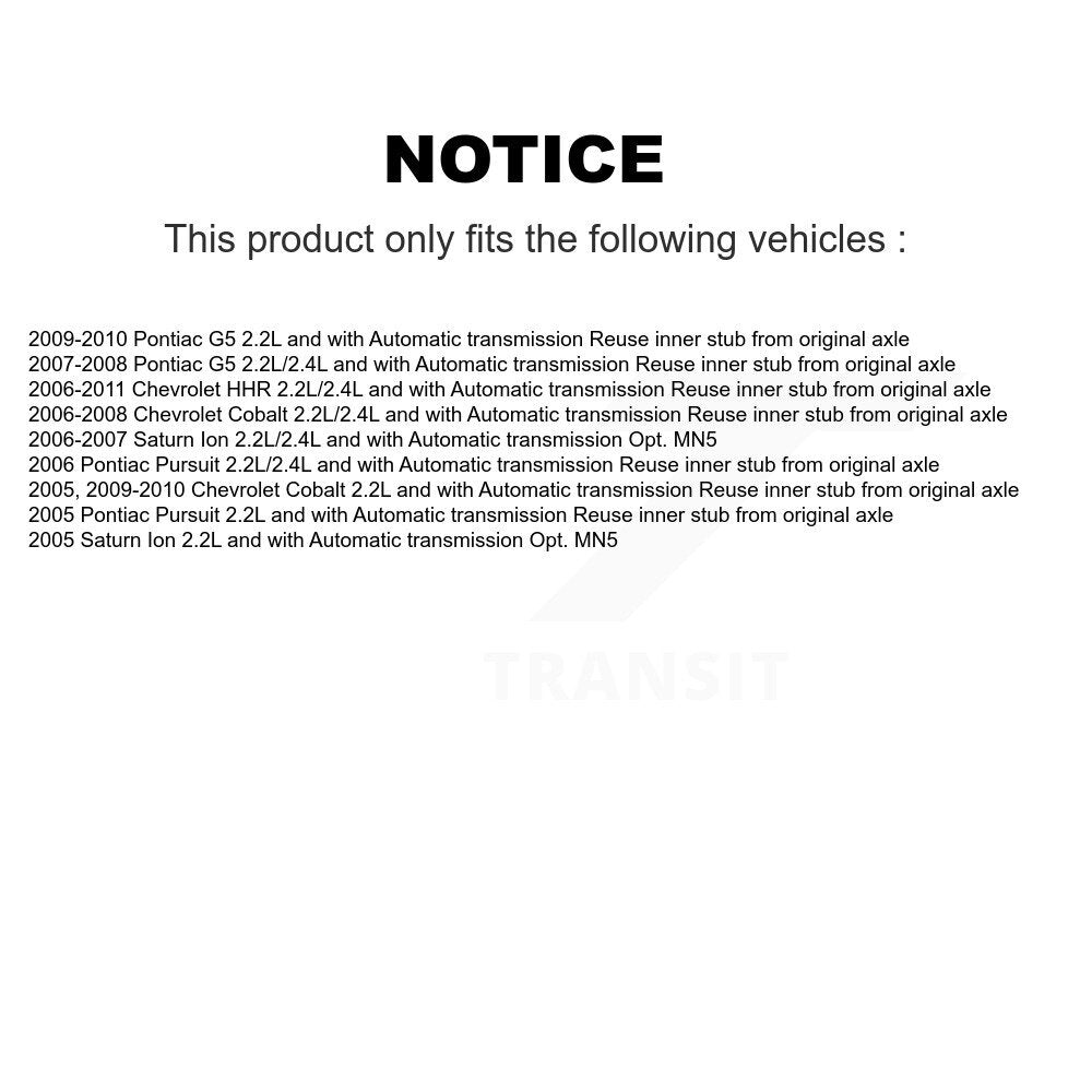 Front CV Axle Drive Shaft Kit For Chevrolet Cobalt Pontiac G5 Saturn Ion HHR Pursuit KCV-100146