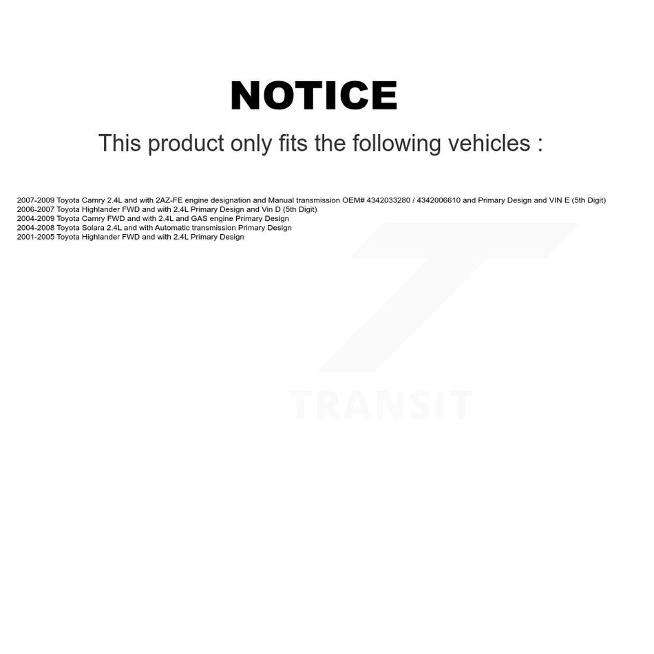 Front Left CV Axle Drive Shaft And Wheel Bearing Kit For Toyota Camry Highlander Solara KN7-100163