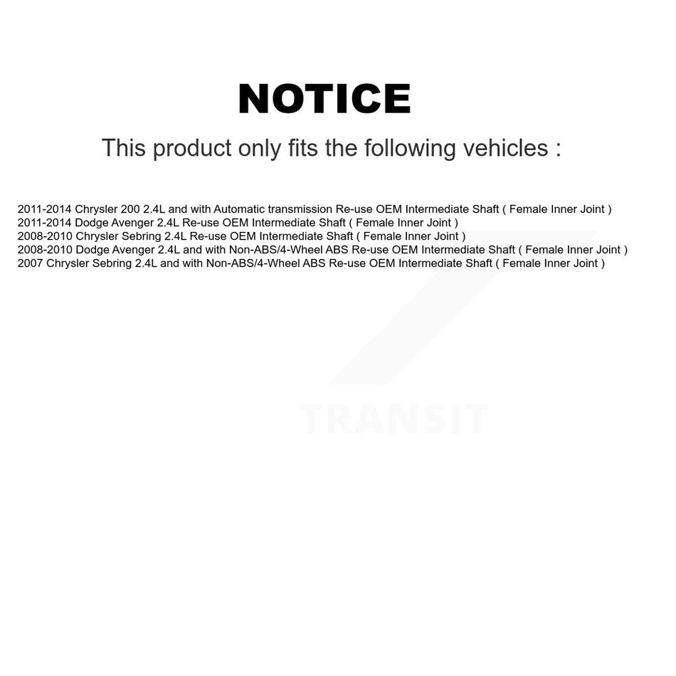 Front Right CV Axle Drive Shaft And Bearing Kit For Chrysler 200 Dodge Avenger Sebring KN7-100309