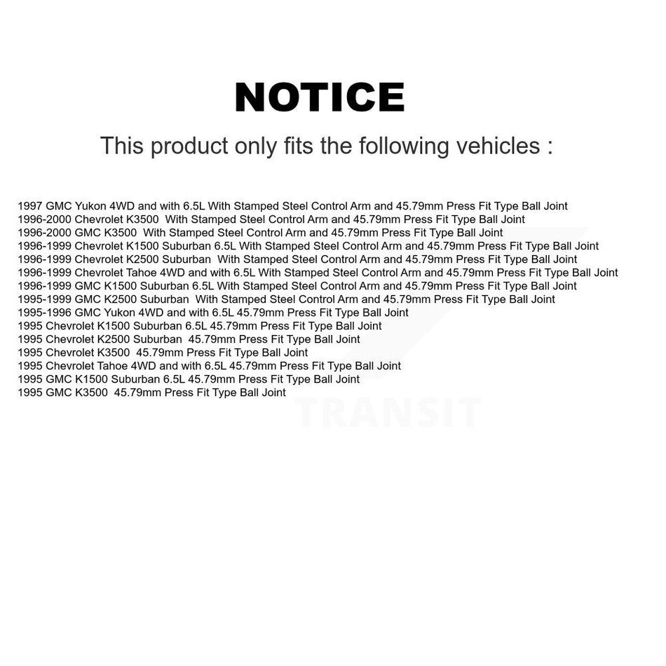 Front Suspension Ball Joints Kit For Chevrolet Tahoe K1500 Suburban GMC K3500 Yukon K2500 KTR-101791