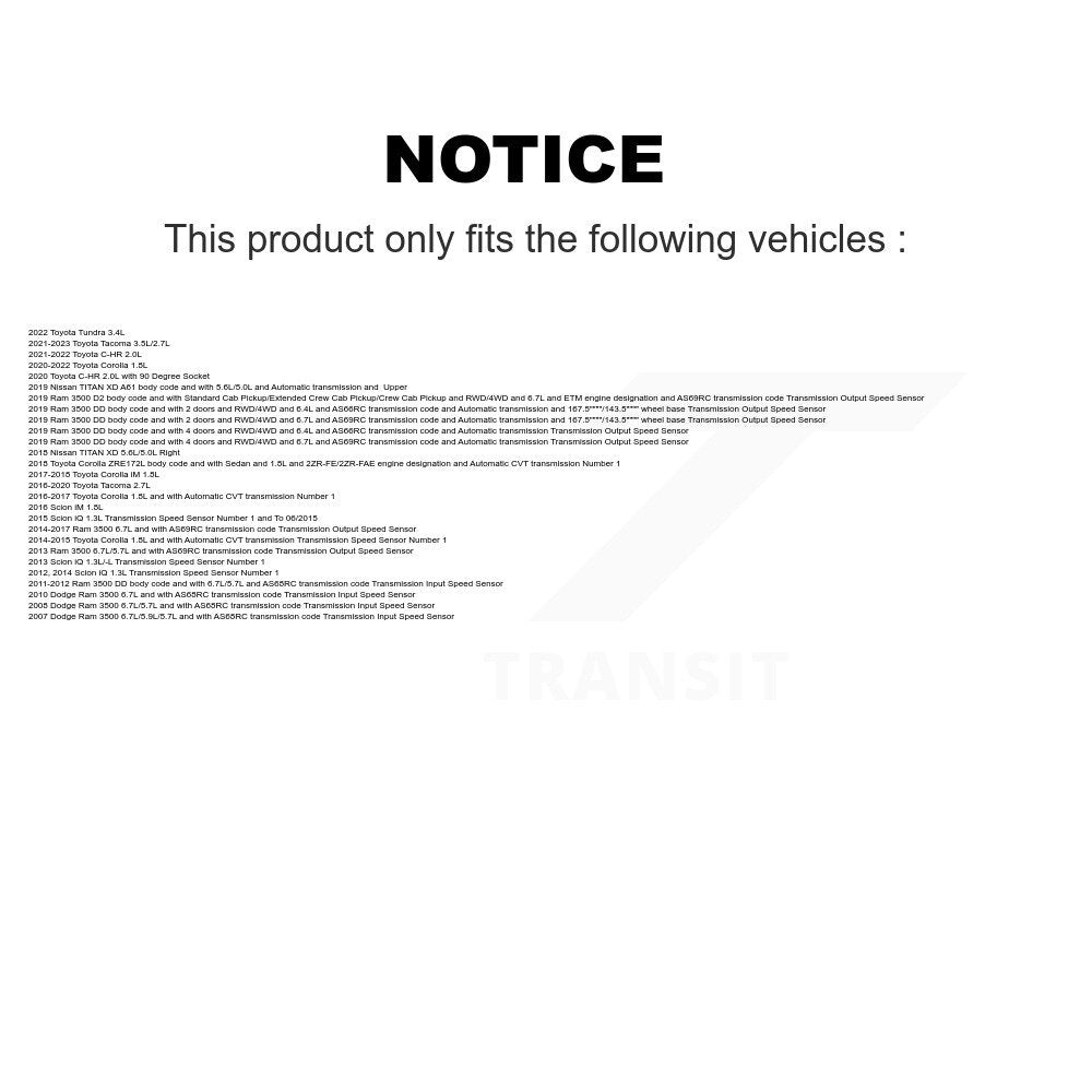 Vehicle Speed Sensor SEN-2VSS0532 For Toyota Corolla Tacoma Ram 3500 Dodge C-HR iM Tundra Scion iQ