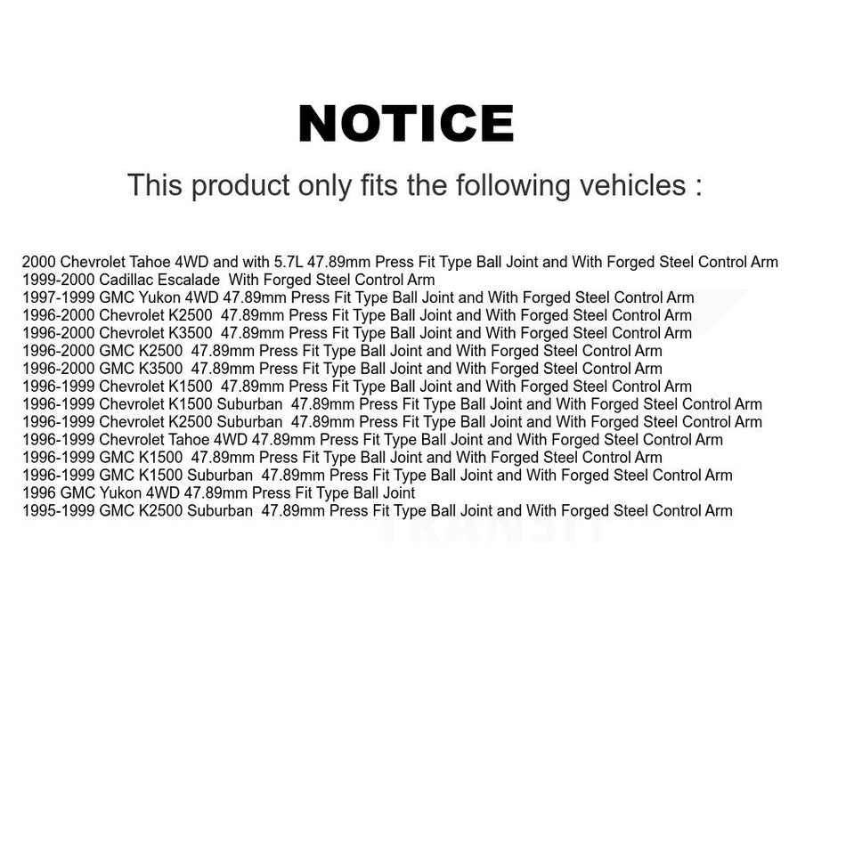 Front Lower Suspension Ball Joint TOR-K6509 For Chevrolet K1500 GMC K2500 K3500 Tahoe Suburban Yukon