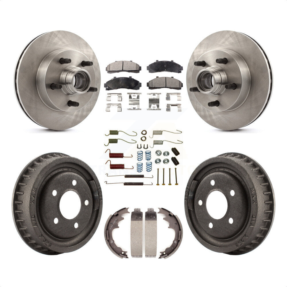 Front Rear Disc Brake Rotors Hub Assembly Semi-Metallic Pads And Drum Kit (7Pc) For 1998-1999 Mazda B4000 RWD with 4-Wheel ABS With 9" Diameter K8F-102179 by Transit Auto