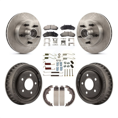 Front Rear Disc Brake Rotors Hub Assembly Semi-Metallic Pads And Drum Kit (7Pc) For 1998-1999 Mazda B4000 RWD with 4-Wheel ABS With 9" Diameter K8F-102179 by Transit Auto