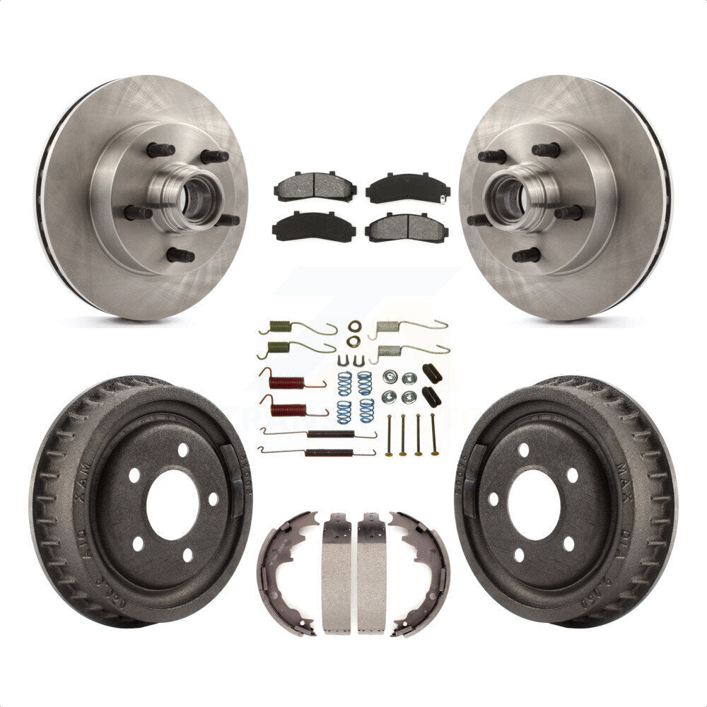 Front Rear Disc Brake Rotors Hub Assembly Semi-Metallic Pads And Drum Kit (7Pc) For 1998-1999 Mazda B4000 RWD with 4-Wheel ABS With 9" Diameter K8S-102205 by Transit Auto