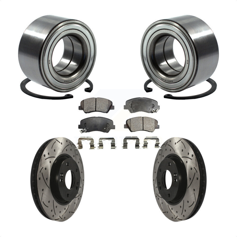 Front Wheel Bearing With Coated Drilled Slotted Disc Brake Rotors And Semi-Metallic Pads Kit For 2015 Hyundai Veloster Tech RE FLEX SE KBB-101026 by Transit Auto