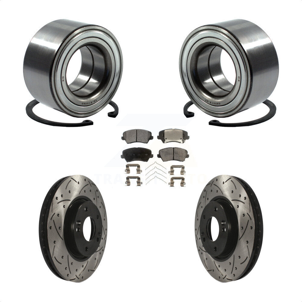 Front Wheel Bearing With Coated Drilled Slotted Disc Brake Rotors And Semi-Metallic Pads Kit For 2016 Hyundai Veloster Tech SE KBB-101029 by Transit Auto